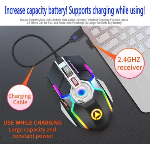 A5 Gaming Mouse Rechargeable Wireless Mouse Silent 1600 DPI Ergonomic 7 Keys RGB LED Backlit 2.4G USB Optical Available in 2 colors - Image 3
